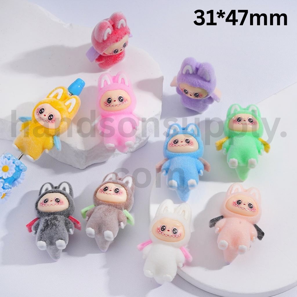 Acrylic Beads Cute Flocked Labub with Wings Multi-Color 31*47MM, Random Mix