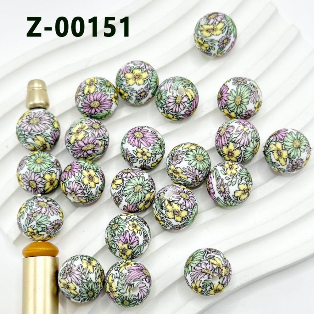 カラフルな花柄ラウンドプリントシリコンビーズ 15mm、番号 Z-00151