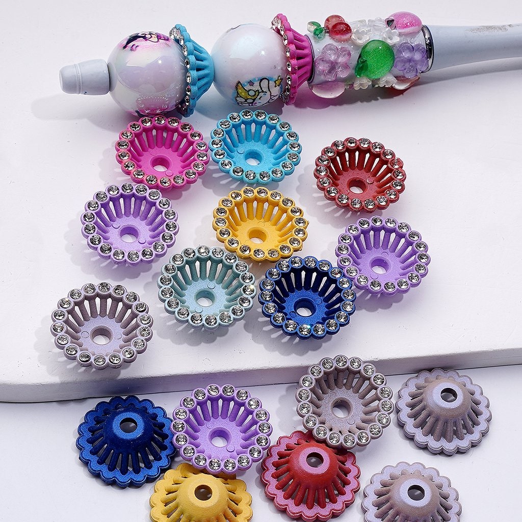 Multi-Color Cute Flower Pot with Clear Rhinestones Bead Cage Cap, 20MM, Random Mix