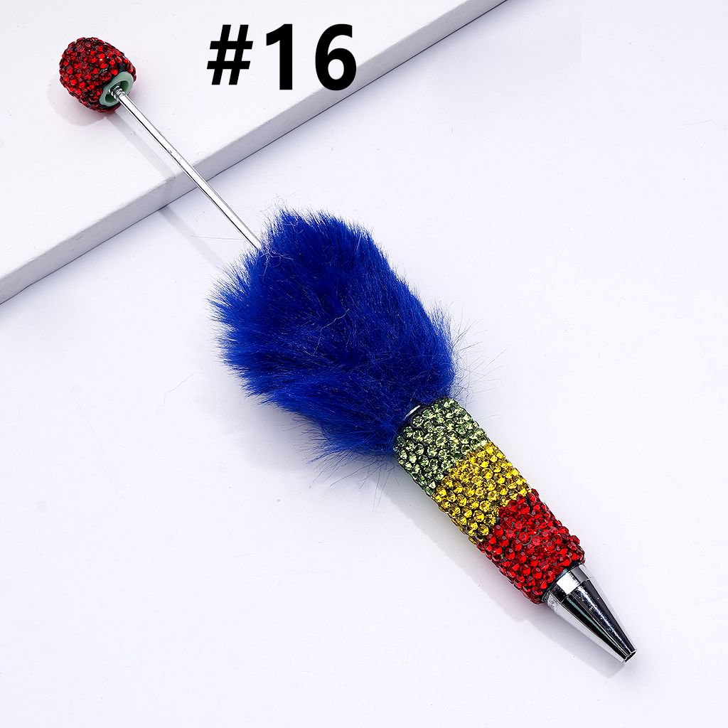 Beadable Clay Pom Pom Pens with Green Yellow Red Shiny Rhinestones Covered the Entire Pen