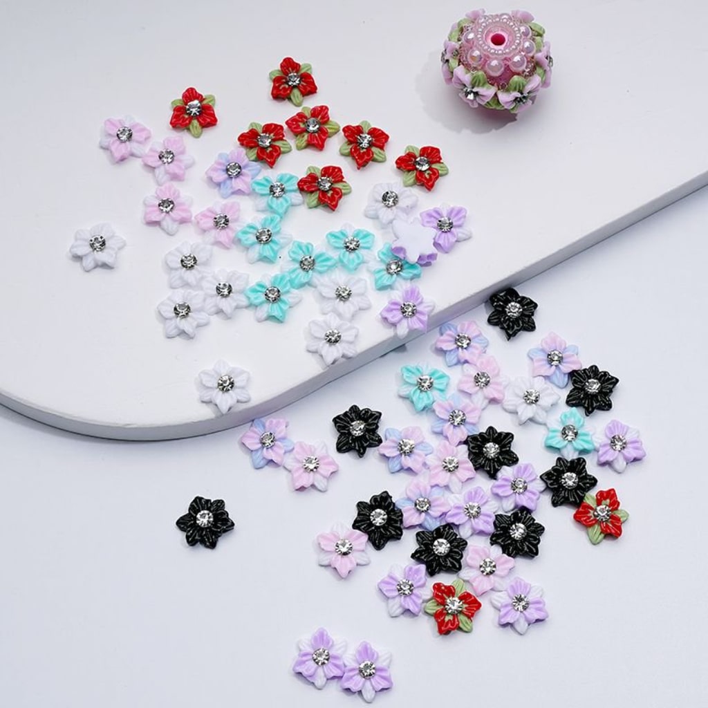 DIY Mini Cute Colorful Flowers with Clear Rhinestone for Beads Jewelry Accessories, Random Mix