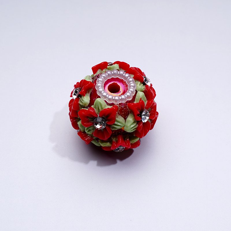 Multi-Color Cute Flowers Clear Rhinestone Inside White Pearls Ring Clear Sugars Round Clay Beads, 20MM