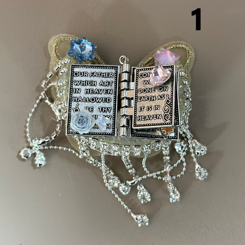 Delicate Fancy Gun Black Alloy Book with Clear Rhinestone Chains Large Crescent Moon Covered by Sugar Exquisite Fabric Butterfly Mini Cute Flower Heart Star Diamonds Beads, Around 59*45MM, Random Mix