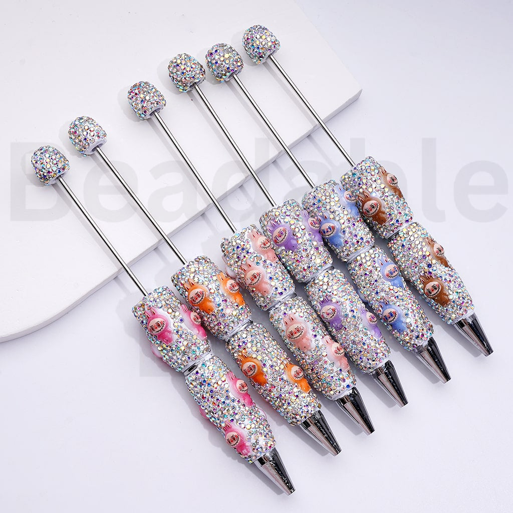 White Color Beadable Clay Pens with Cute Labub Monster Pop Mar AB Rhinestones Covered the Entire Pen