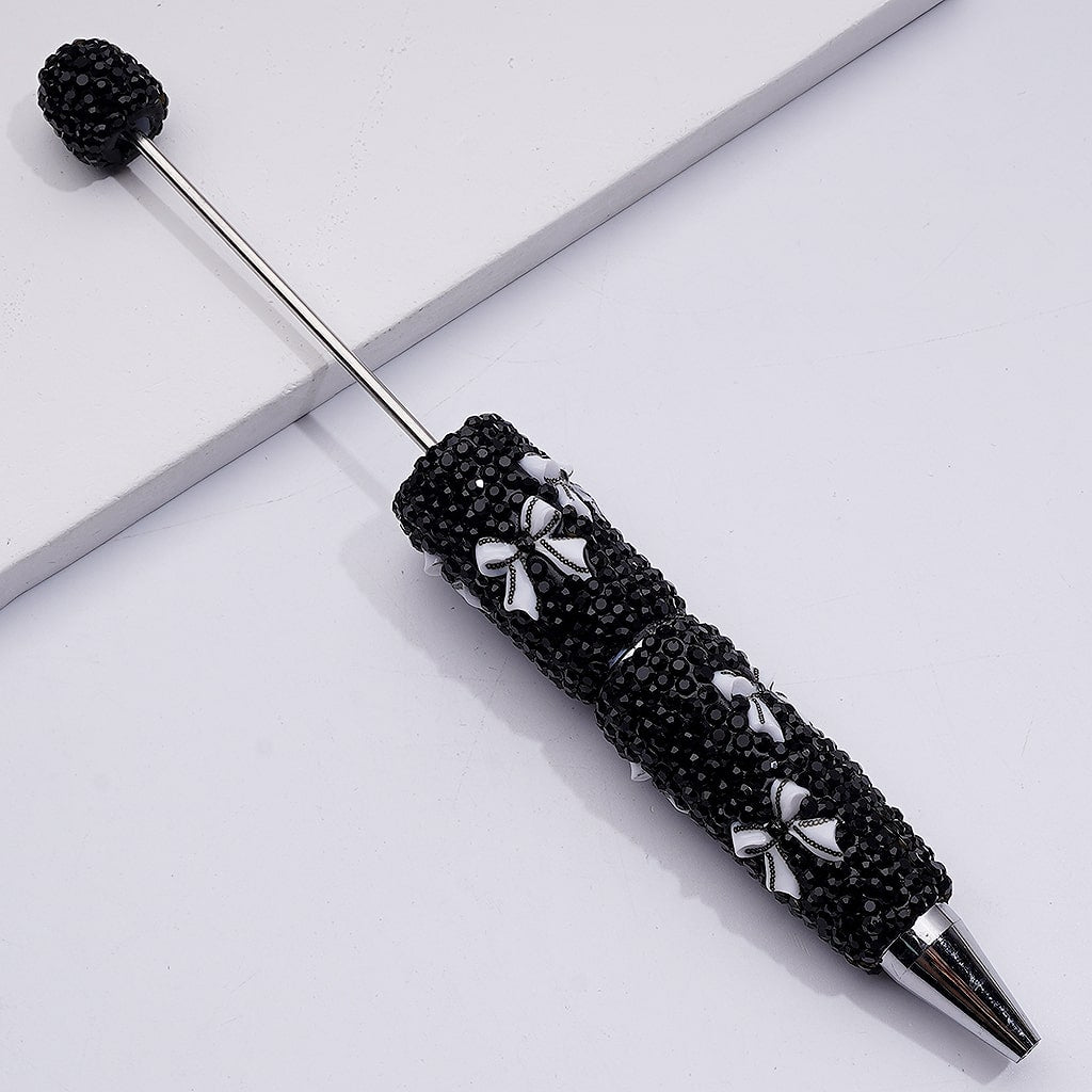 Mini White Bowknots with Lace Edge Black Rhinestones Beadable Clay Pens