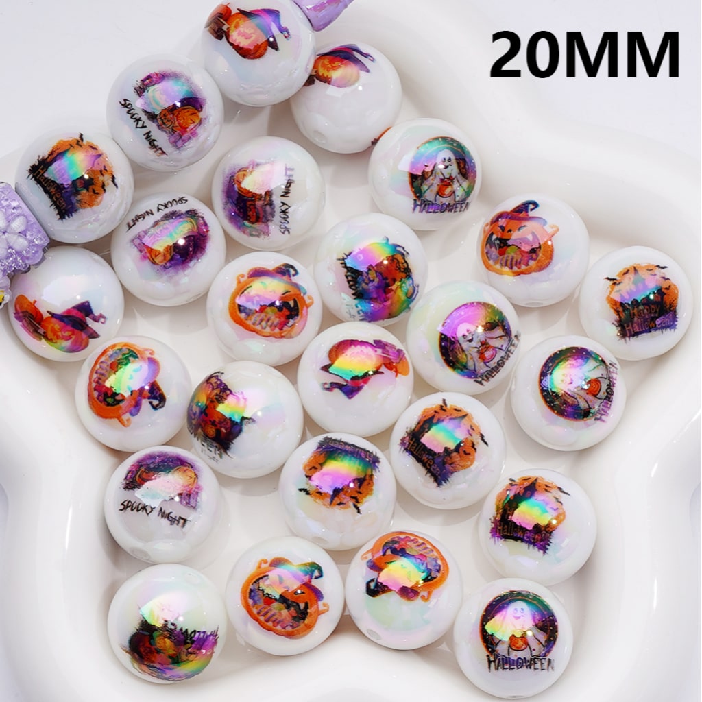 UV Coating Halloween Series Ghost Face Pumpkin with Wizard Hat Round Acrylic Beads, 20MM, Random Mix