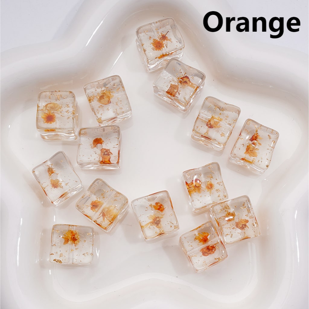 Multi-Color Dried Flowers Gold Foil Paper Inside Clear Cube Square Acrylic Beads, 14-15MM (Single Color is available for 200pcs(Whole bag))