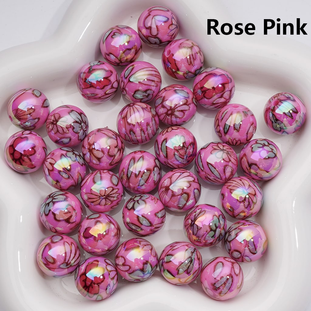 UV Coating Multi-Color Shiny Flowers Round Acrylic Beads, 16MM (Single Color is available for 200pcs(Whole bag))