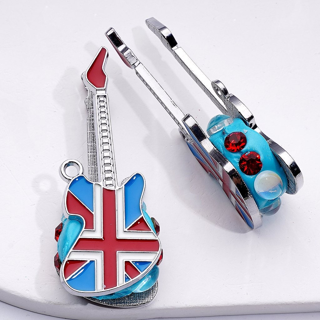 Exquisite Fancy Silver Alloy Guitar with Shiny Rhinestones Oval Pearls Clay Beads, Around 57*22MM