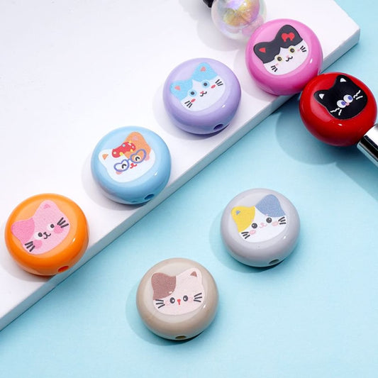 かわいい猫子猫丸型フラットアクリルビーズ、約22×10mm、ランダムミックス