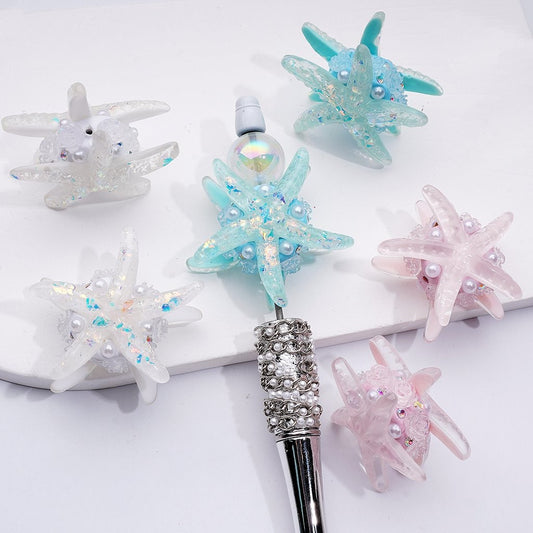 Cute Shiny Star Fish with Colorful Flakes AB Rhinestones White Pearls Cute Flowers Clay Beads, 42MM, Random Mix