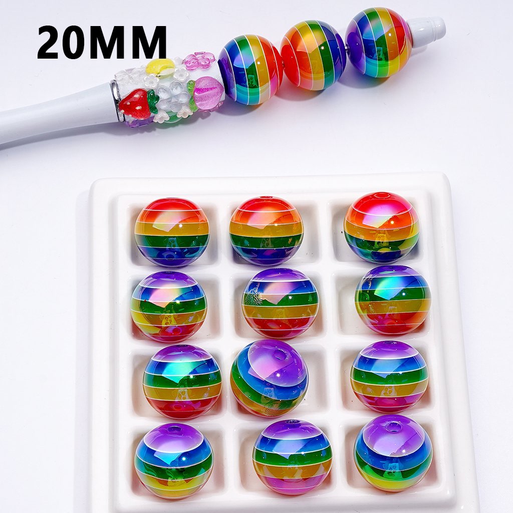 UV Coating Jelly Color Rainbow Prints Round Acrylic Beads, 20MM