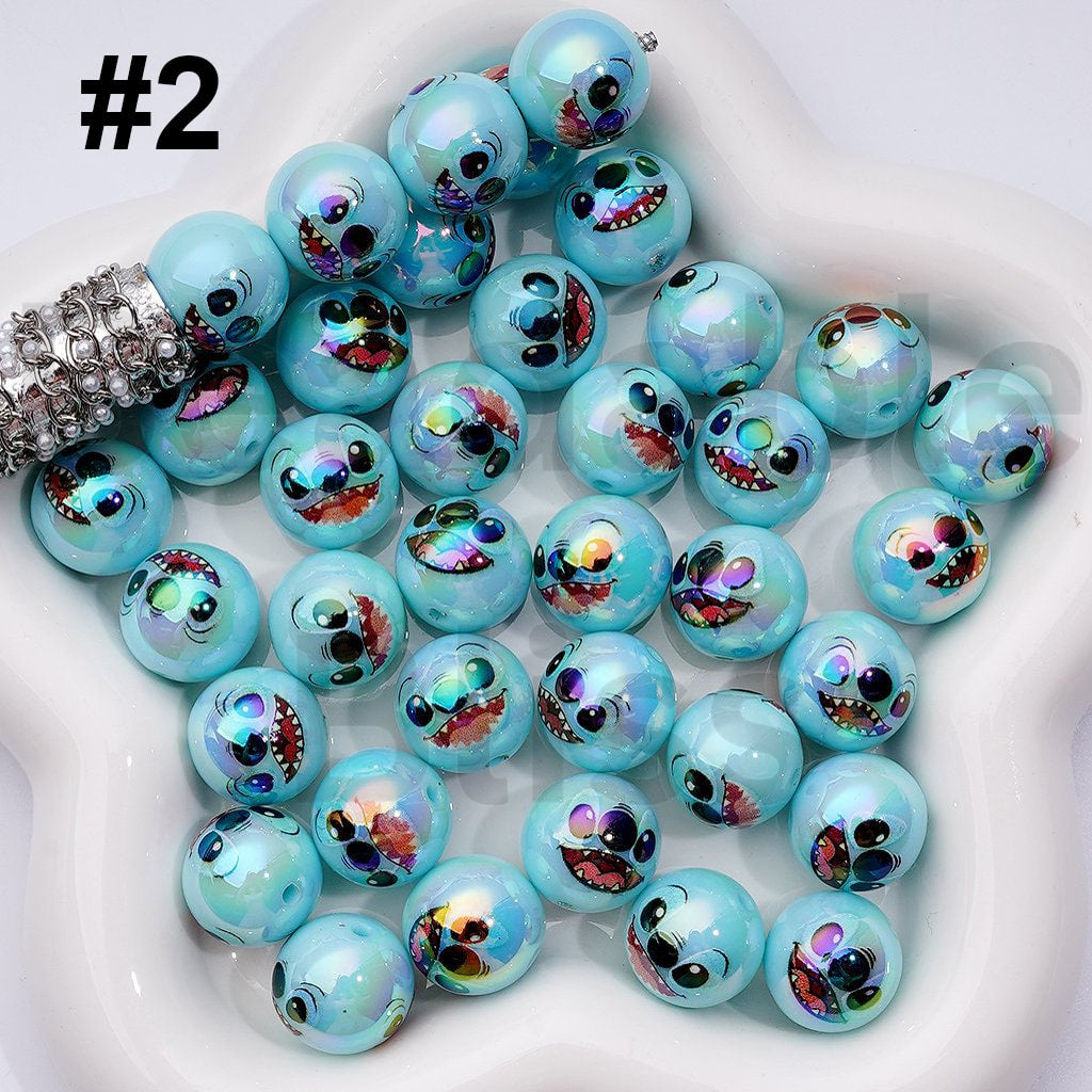 UV Coating Cute Stitc Series Blue Round Acrylic Beads, 16MM, Random Mix