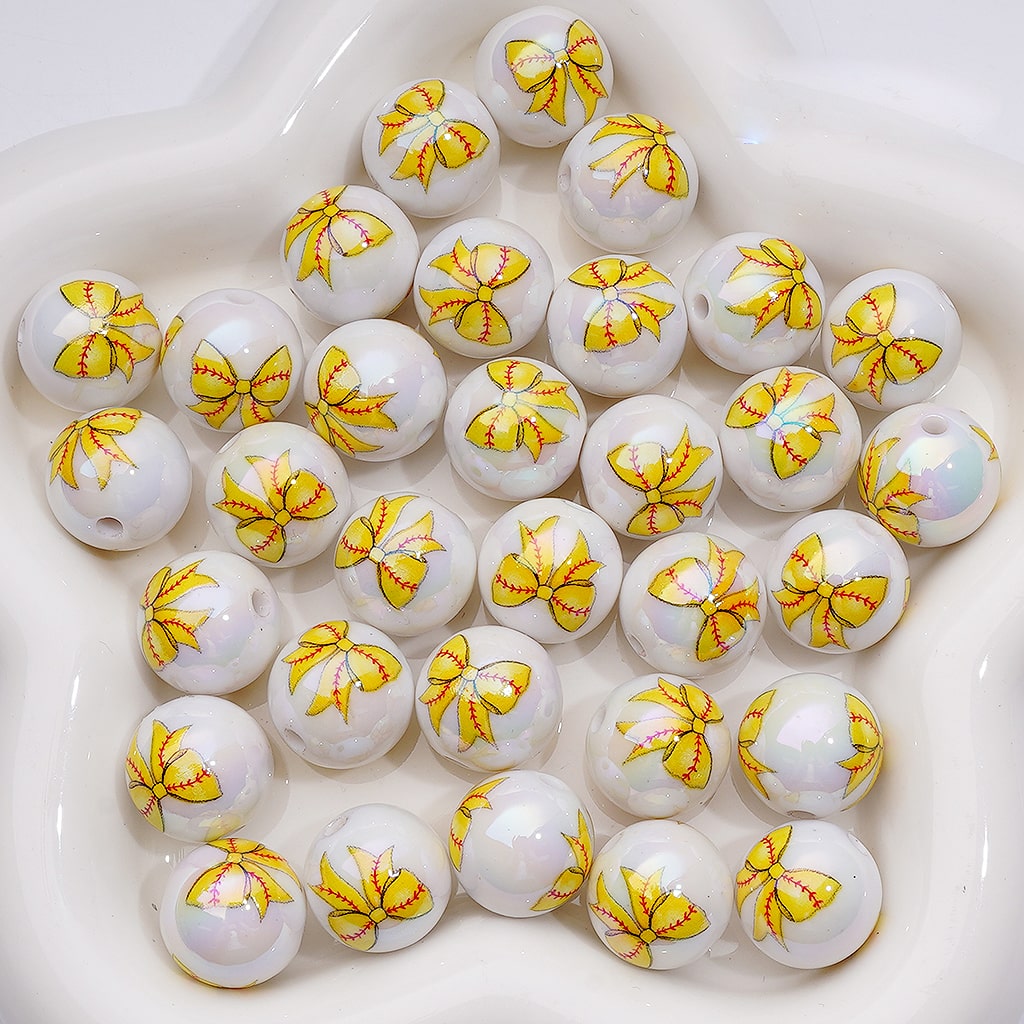 UV Coating American Football Soccer Basketball Volleyball Baseball Softball Series Bowknots White Round Acrylic Beads, 16MM