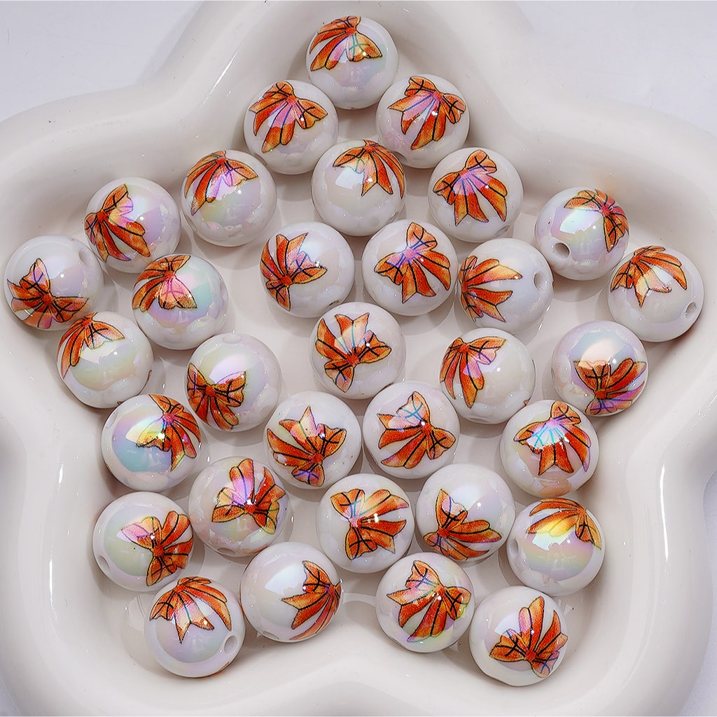 UV Coating American Football Soccer Basketball Volleyball Baseball Softball Series Bowknots White Round Acrylic Beads, 16MM