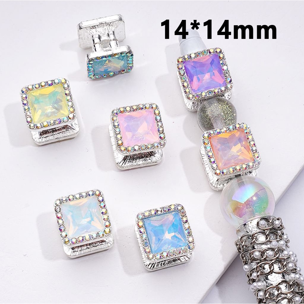 Fancy Silver Alloy Square Beads with Macaron Color Rhinestones, 14*14MM, Random Mix