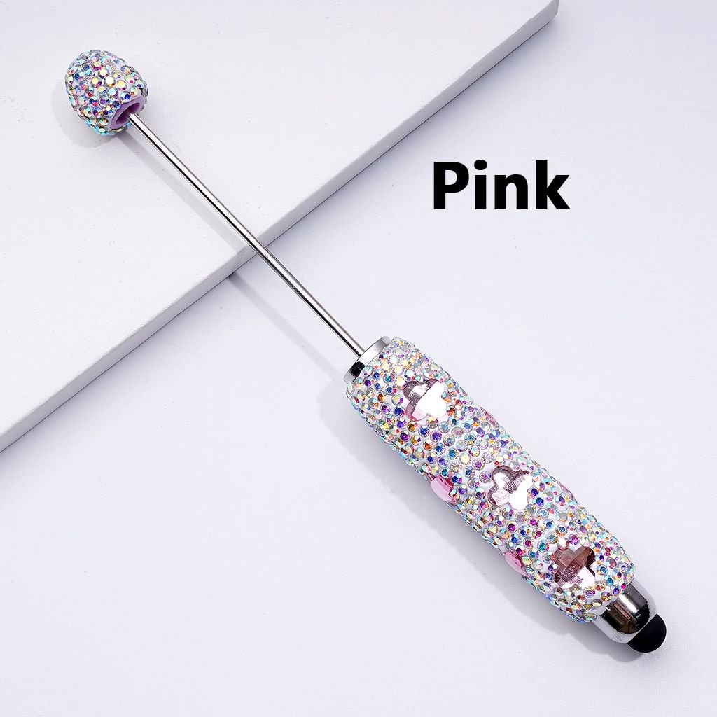 Beadable Clay Stylus Pens with Colorful Four-Petal Flowers & AB Rhinestones Covered the Entire Pen