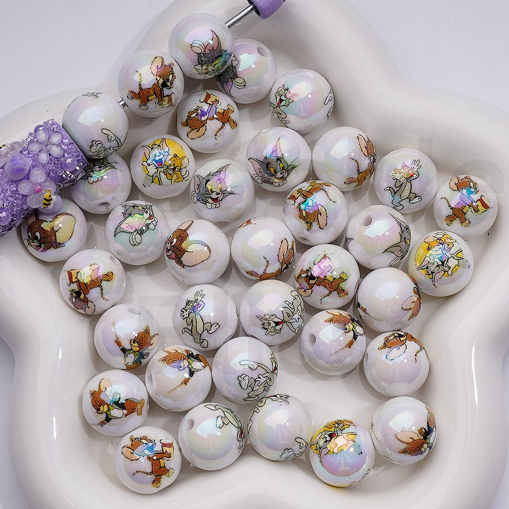UV Coating Cute To and Jerr Round Acrylic Beads, 16MM, Random Mix