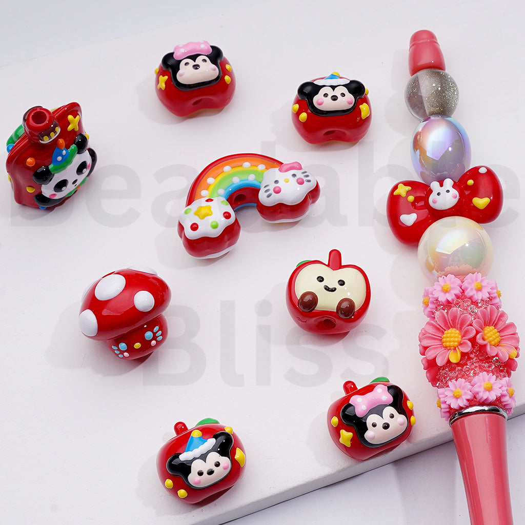 Red Hand Painted HK Micke Minni Bows Apples Rainbow Sucking Jelly Mushroom Acrylic Beads Mix