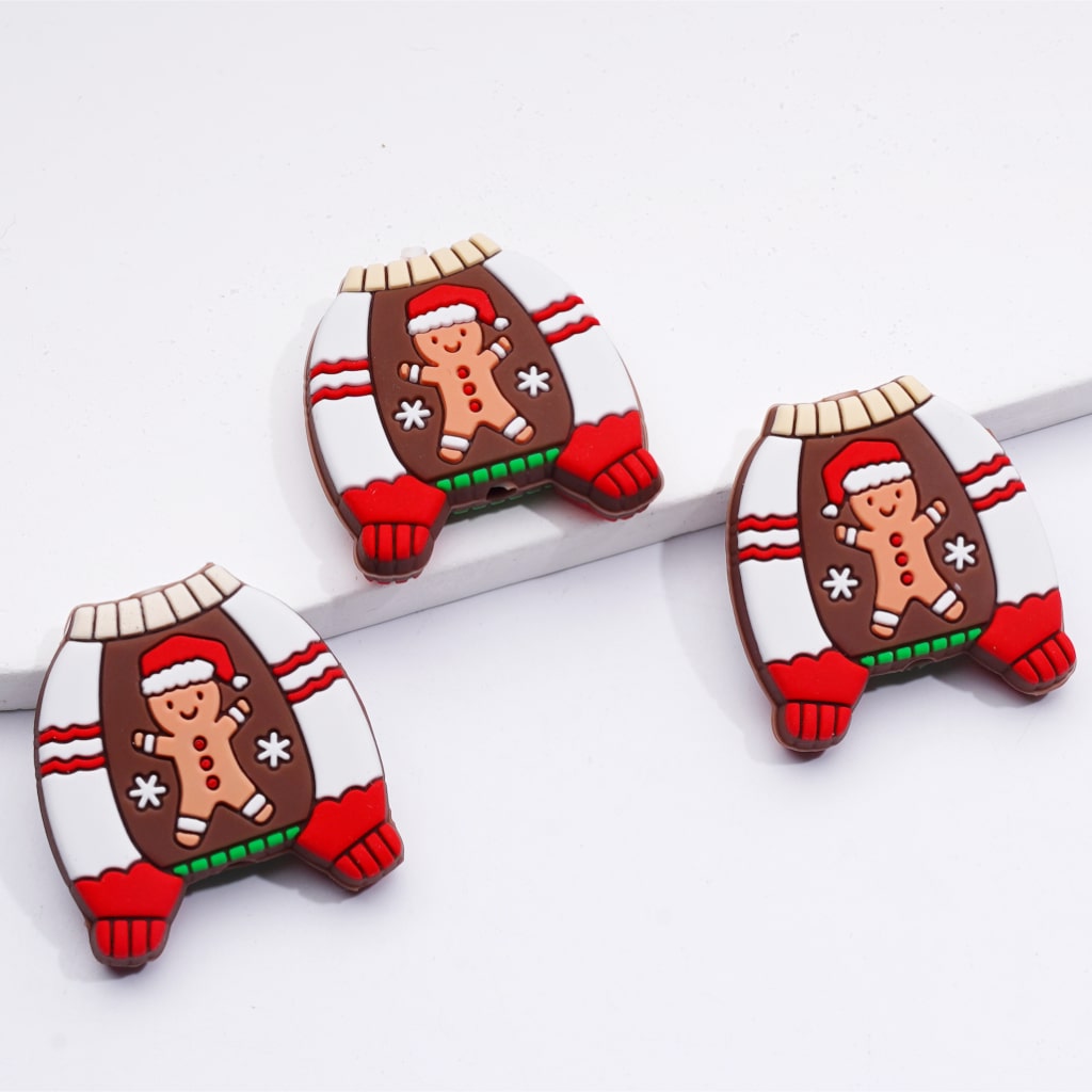 Cute Christmas Gingerbread Tree Sweater with Red Green Dots Silicone Focal Beads