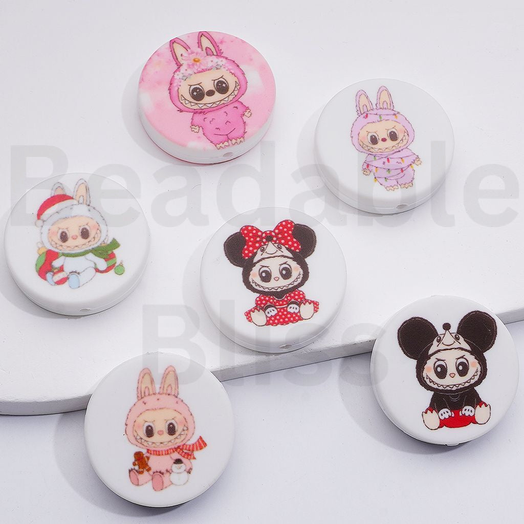 Cute Labub in Different Costumes Flat Round Silicone Focal Beads, Random Mix