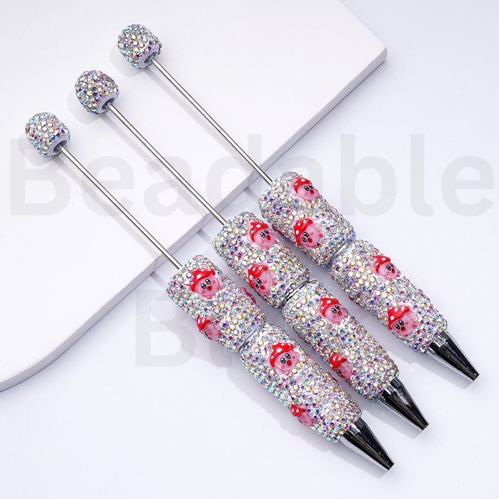 Beadable Clay Pens with Mini Cute Kirb with Red Mushroom Hat AB Rhinestones Covered the Entire Pen
