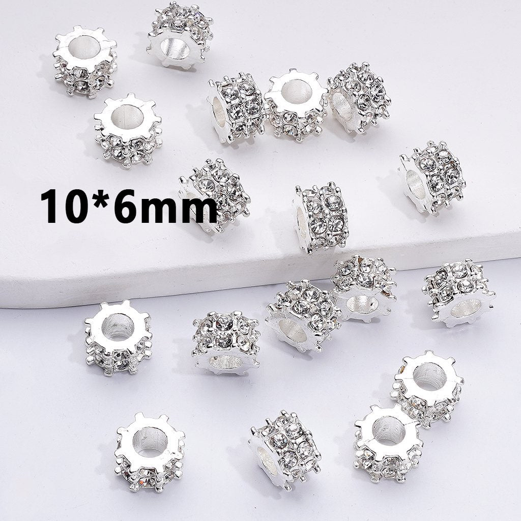 Fancy Gold Silver Alloy Gear Shape Spacer with Clear Rhinestones, 10*6MM