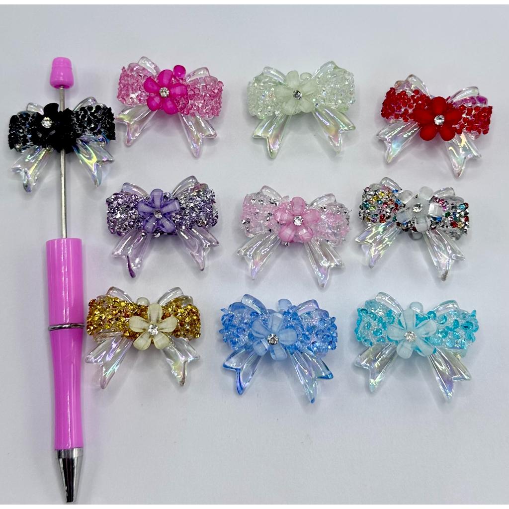 See Through Bowtie Acrylic Beads with Flower & Small Tiny Rhinestones, Random Mix Color, ZJ
