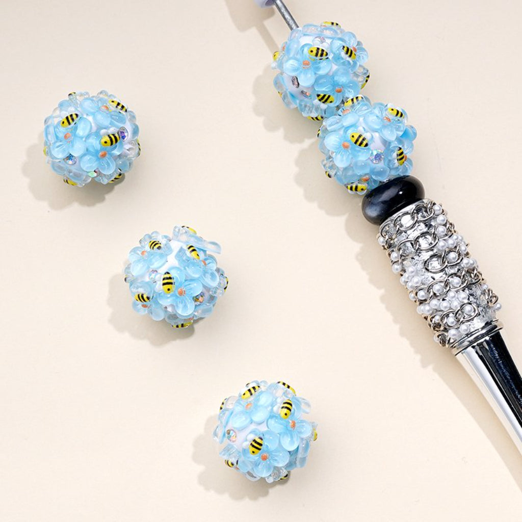 Yellow Cute Bees Colorful Flowers AB Rhinestones White Round Clay Beads, Around 20MM