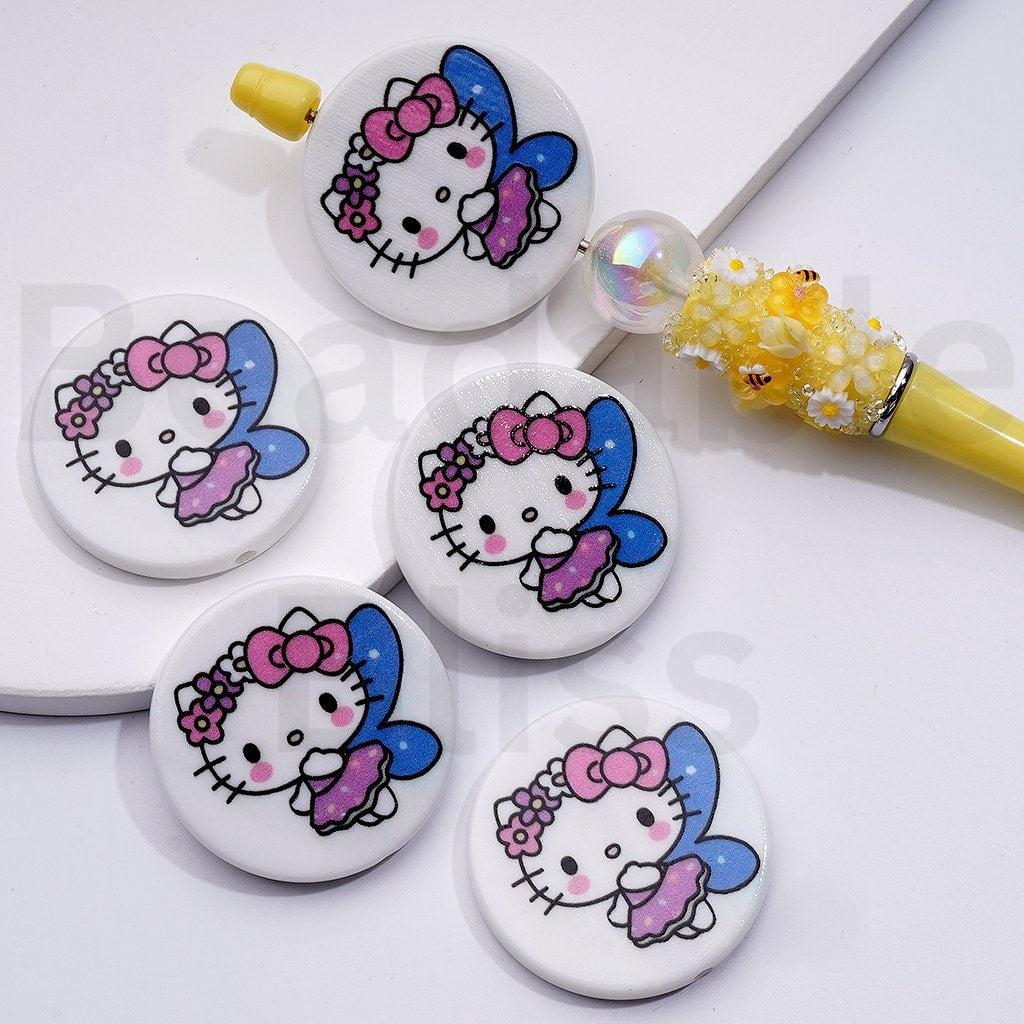 Cute HK Kitten with Blue Wings Ice Cream Drives a Car Unicorn Sanri Round Flat Acrylic Beads, Around 38MM