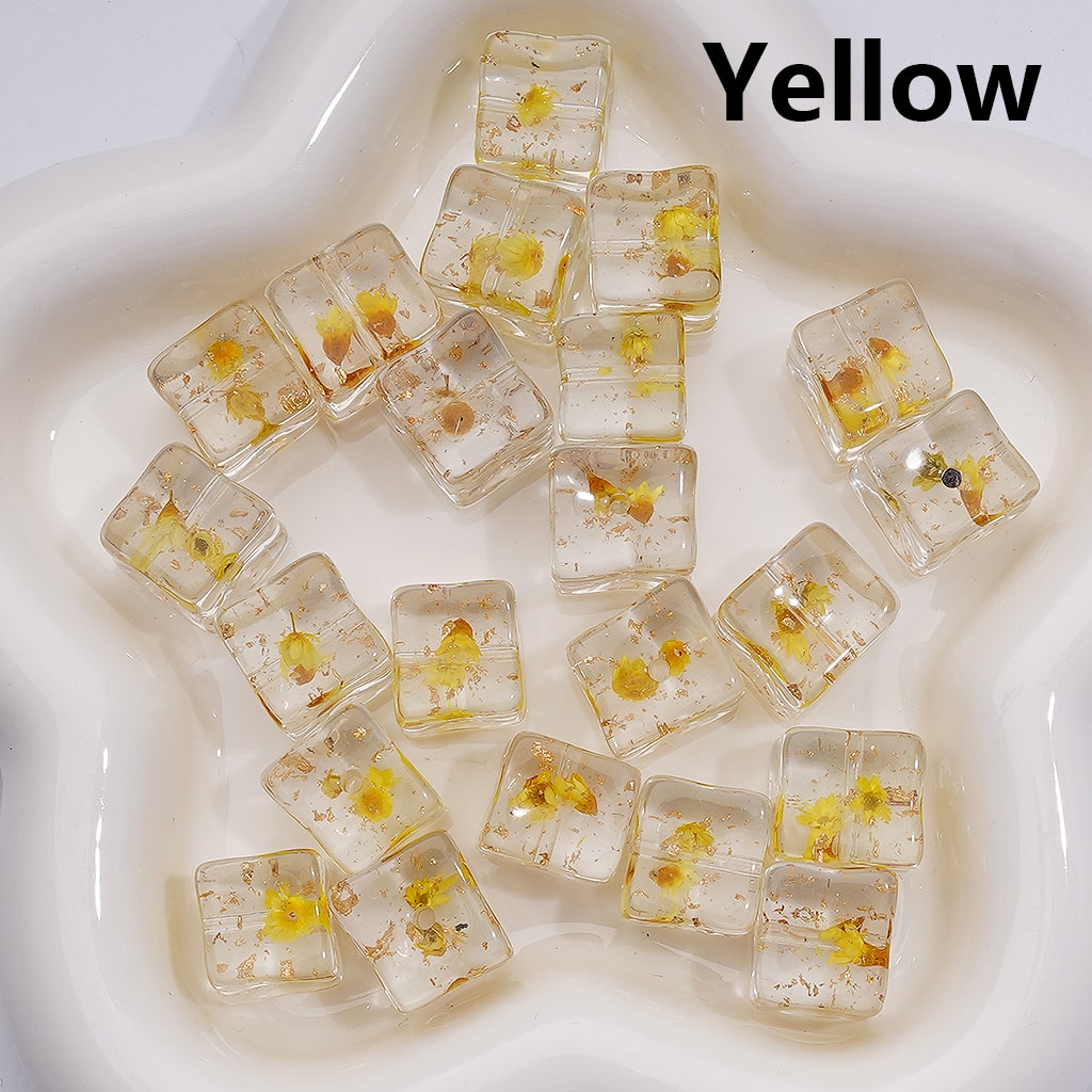 Multi-Color Dried Flowers Gold Foil Paper Inside Clear Cube Square Acrylic Beads, 14-15MM (Single Color is available for 200pcs(Whole bag))