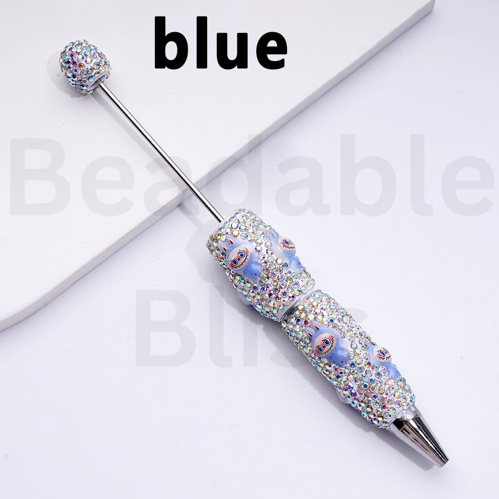 White Color Beadable Clay Pens with Cute Labub Monster Pop Mar AB Rhinestones Covered the Entire Pen