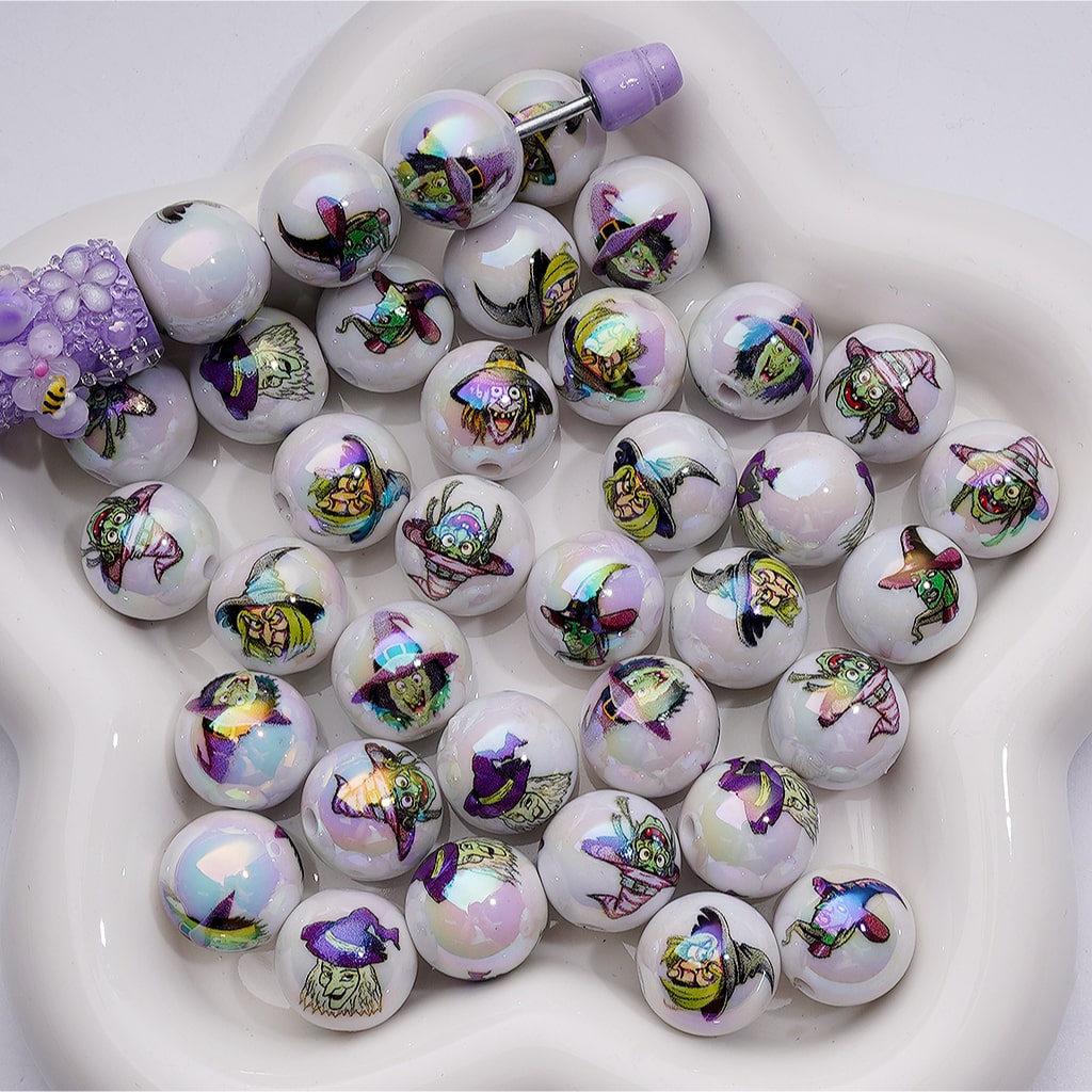 UV Coating Horror Witch Halloween Round Acrylic Beads, 16MM, Random Mix