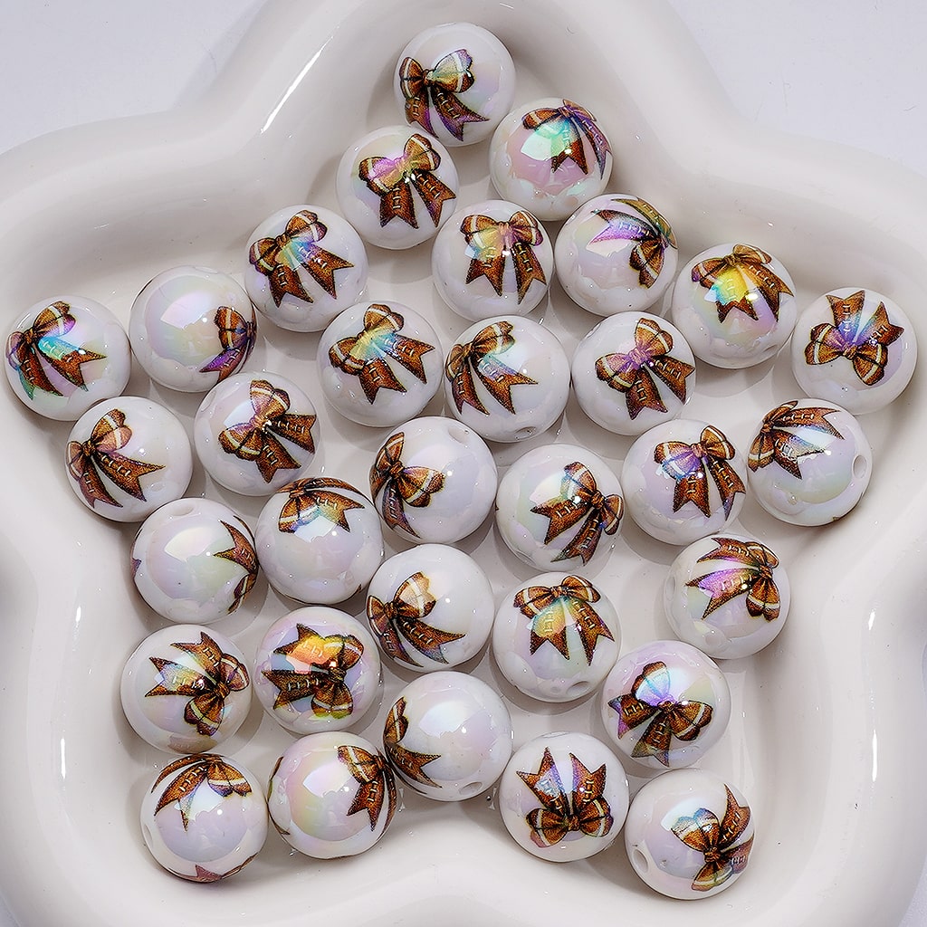 UV Coating American Football Soccer Basketball Volleyball Baseball Softball Series Bowknots White Round Acrylic Beads, 16MM