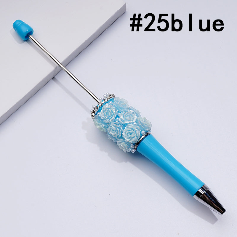 Beadable Pen with Shiny Glitter Rose Flower White Pearls Clear Rhinestones Chain in Solid Color