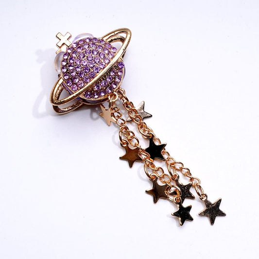 ファンシーゴールド合金の惑星土星クロススターチェーン、カラフルな光沢のあるラインストーン粘土ビーズ付き、約37×85MM