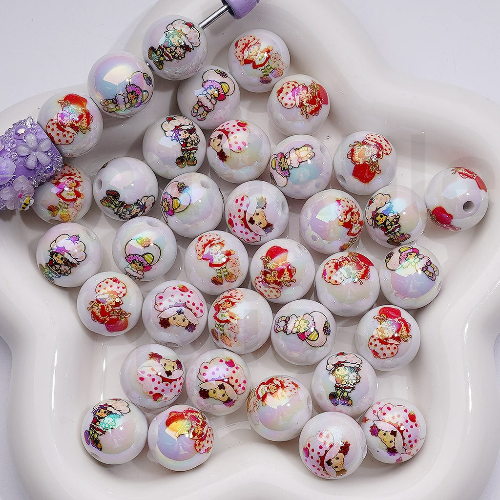 UV Coating Cute Strawberr Shortcak Round Acrylic Beads, 16MM, Random Mix