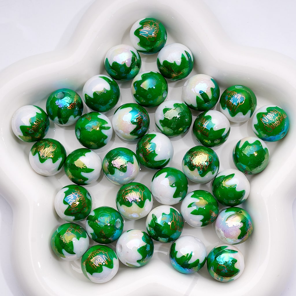 Acrylic Beads Round UV Coating Merry Christmas Prints Red Green with White Background Color, 16MM