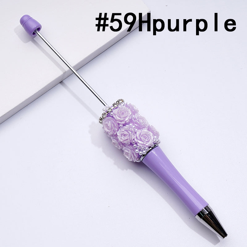 Beadable Pen with Shiny Glitter Rose Flower White Pearls Clear Rhinestones Chain in Solid Color
