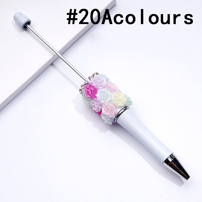Beadable Pen with Shiny Glitter Rose Flower White Pearls Clear Rhinestones Chain in Solid Color