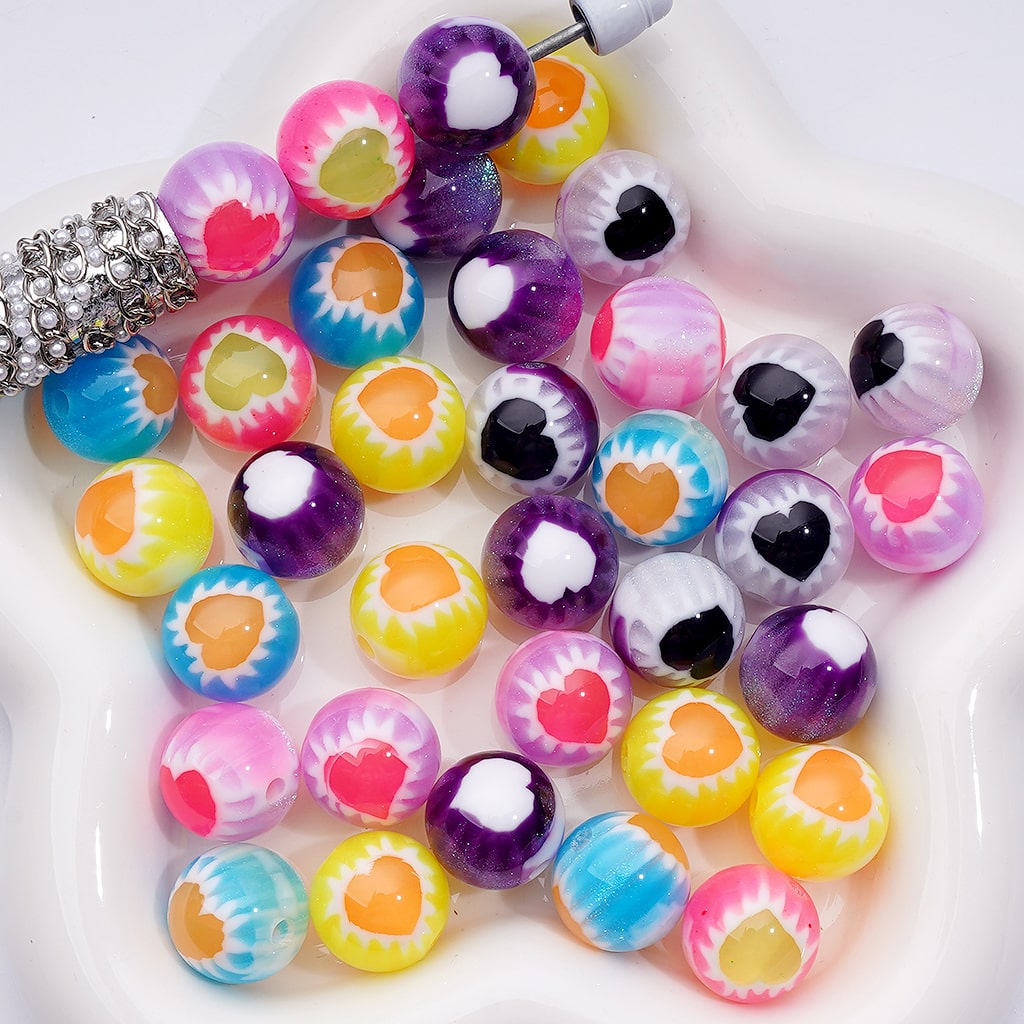 Multi-Color Glitter Hearts with White Borders Round Acrylic Beads, 16MM, Random Mix