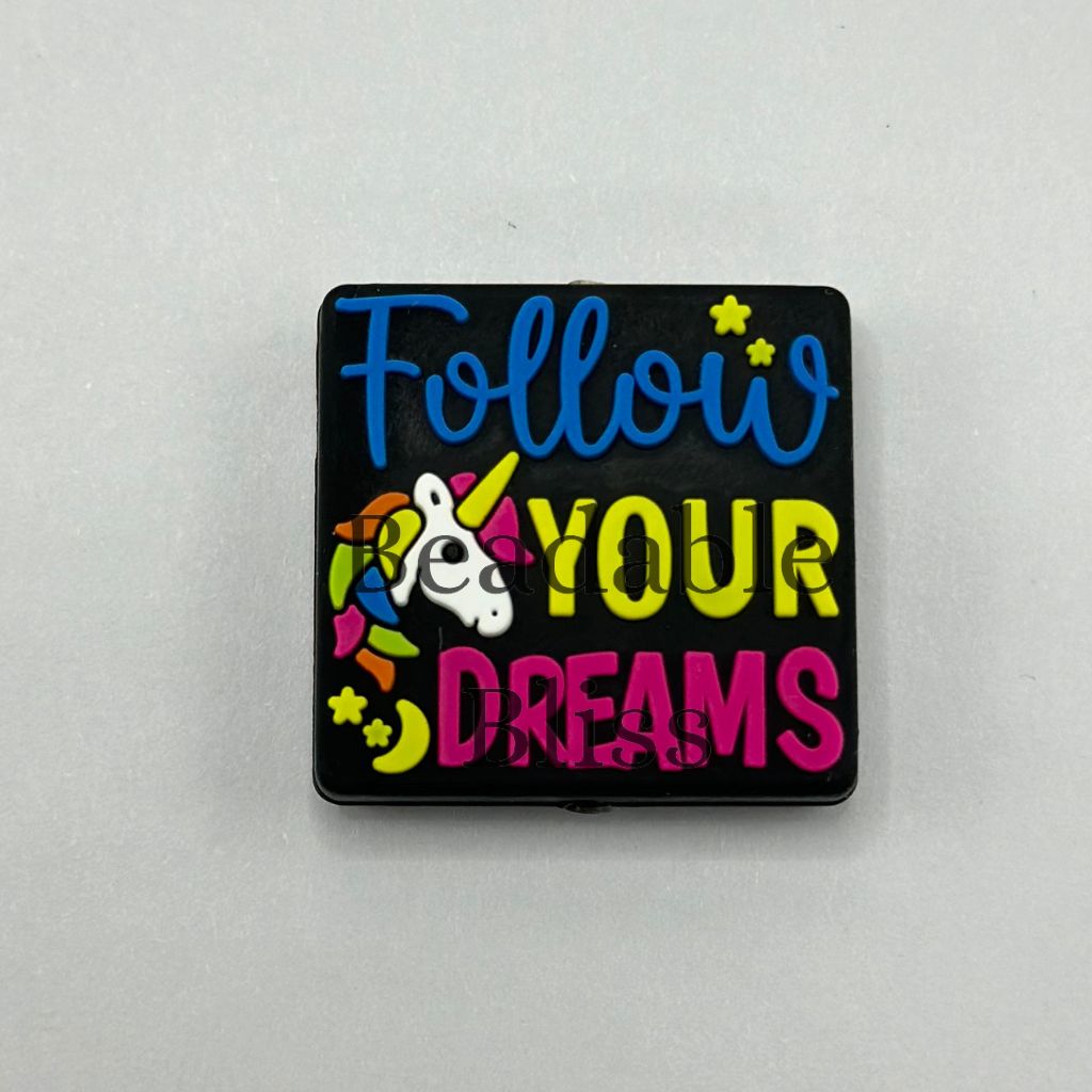 Colorful Unique Unicorn Follow Your Dreams Square Silicone Focal Beads