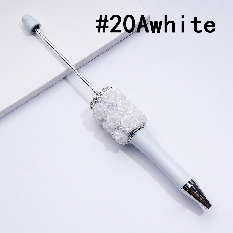 Beadable Pen with Shiny Glitter Rose Flower White Pearls Clear Rhinestones Chain in Solid Color