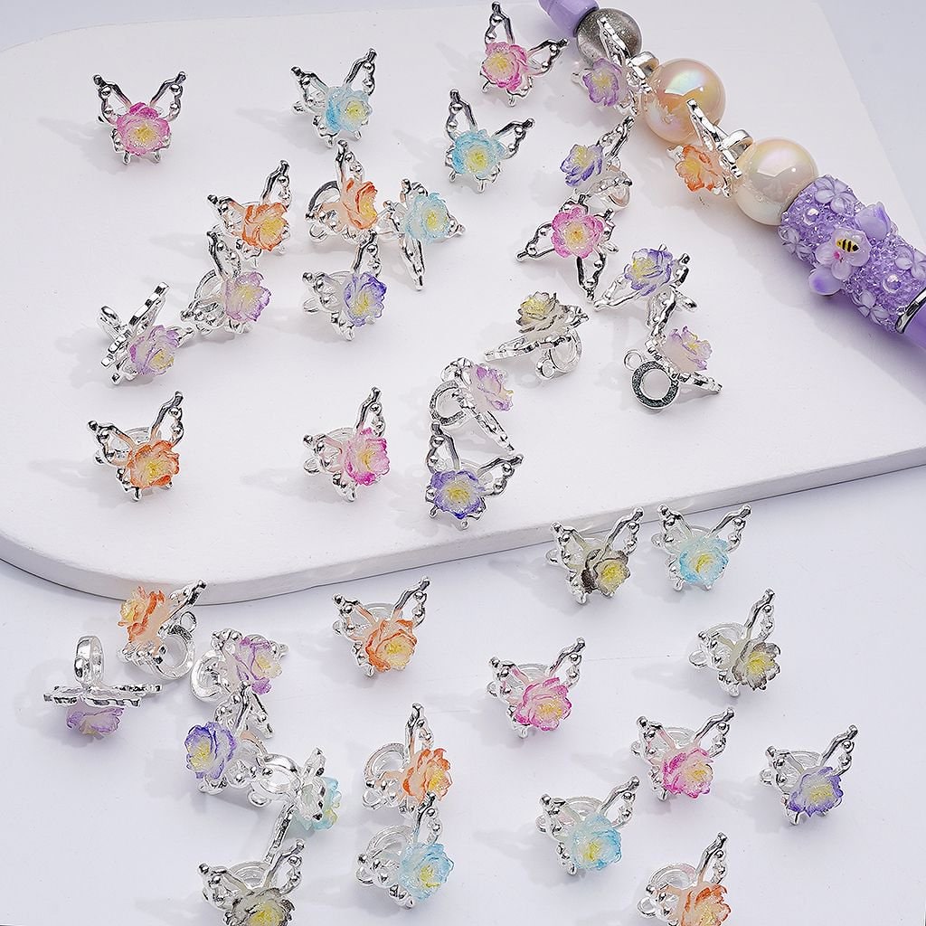 Cute Silver Alloy Bail Beads Butterfly with Multi-Color Soft Flowers Jewelry Accessories, 16MM, Random Mix