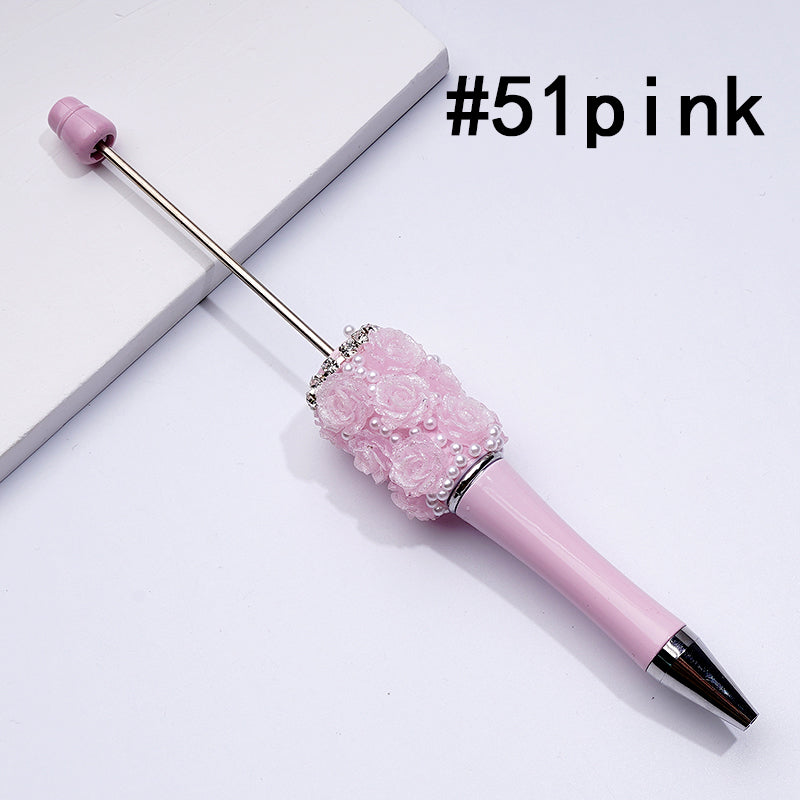 Beadable Pen with Shiny Glitter Rose Flower White Pearls Clear Rhinestones Chain in Solid Color