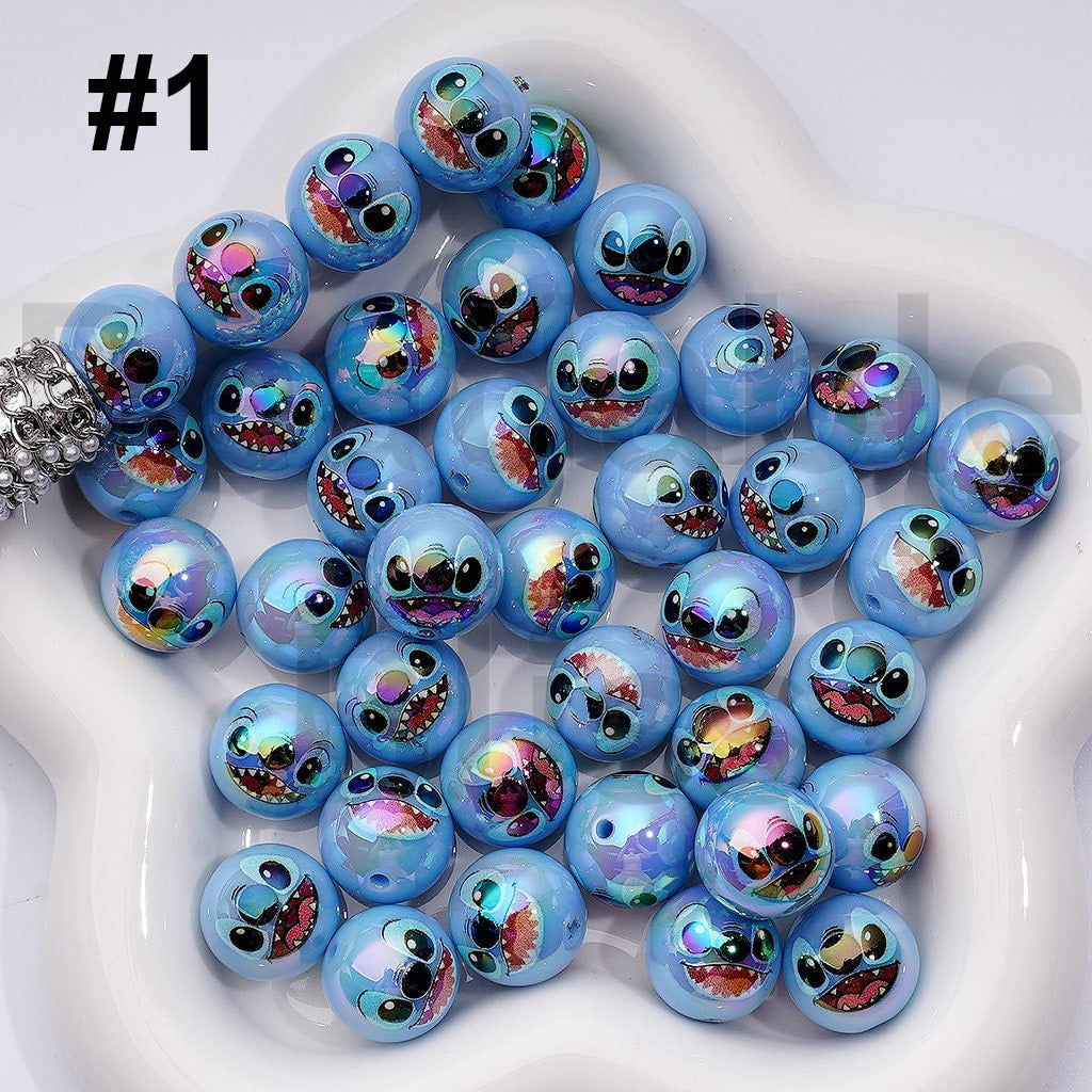UV Coating Cute Stitc Series Blue Round Acrylic Beads, 16MM, Random Mix