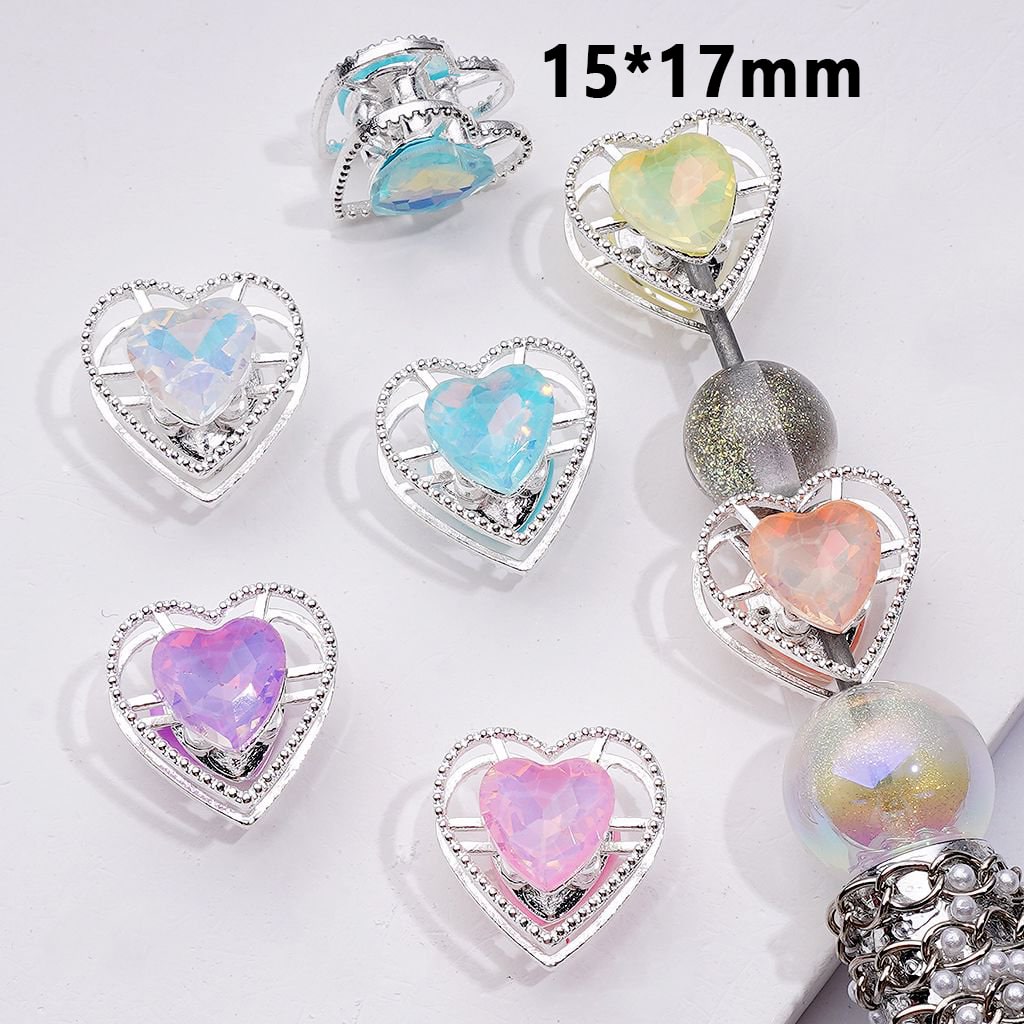 Fancy Silver Alloy Heart Beads with Macaron Color Rhinestones, 15*17MM, Random Mix