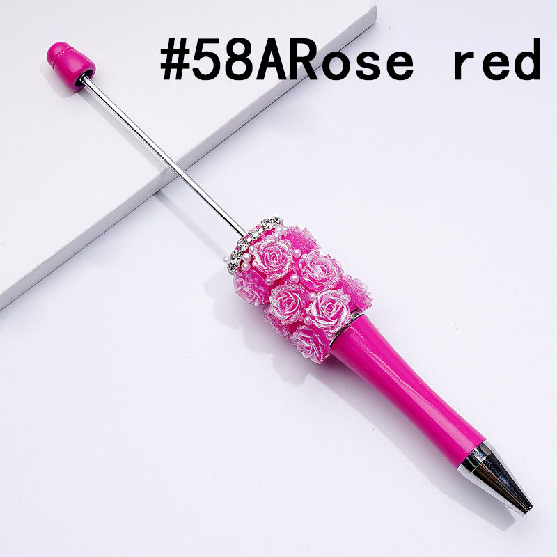 Beadable Pen with Shiny Glitter Rose Flower White Pearls Clear Rhinestones Chain in Solid Color
