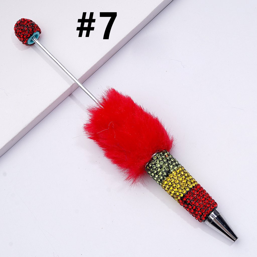 Beadable Clay Pom Pom Pens with Green Yellow Red Shiny Rhinestones Covered the Entire Pen