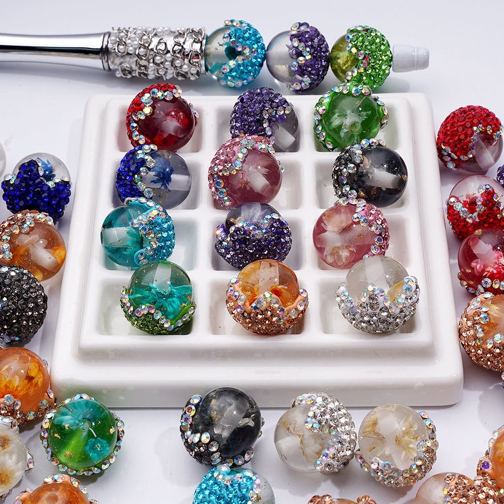 Dried Flowers Gold Foil Paper Round Acrylic Beads Covered by Clay Flower Shiny Rhinestones, 20MM, Random Mix